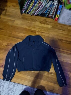 all in motion Navy Cropped Bomber Jacket with White Piping Detail